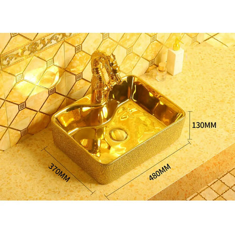 Slick Gold Bathroom Vessel Sink With Prime Ceramic Basin And Top Shelf Faucet Bundle For Modern Above Counter Vanity Setup. 480x370x130mm.
