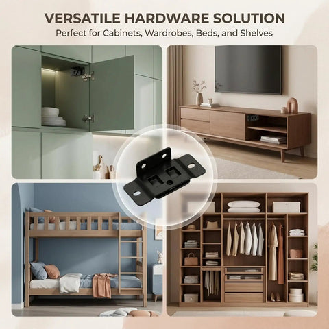 Built Like A Tank Cold Rolled Steel Furniture Corner Braces For No Sweat Setup And Rock Solid Stability On Beds Tables Shelves And Cabinets Black Heavy Duty Connector shown in use for cabinetry and furniture assembly.