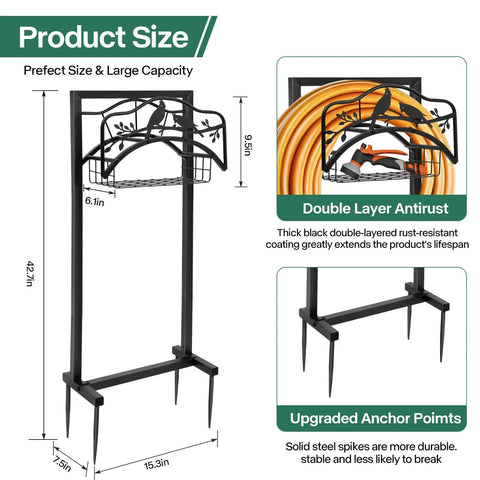Freestanding Metal Garden Hose Holder With Four Spikes And Detachable Water Hose Hanger Organizer For Outdoor Use