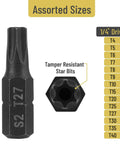 Heavy Duty 15 Piece Torx Bit Set T4 Through T40 Tamper Proof Security Star Bits 1/4 Inch Hex Shank showing assorted sizes.