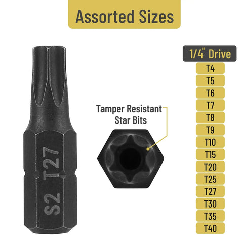 Heavy Duty 15 Piece Torx Bit Set T4 Through T40 Tamper Proof Security Star Bits 1/4 Inch Hex Shank showing assorted sizes.