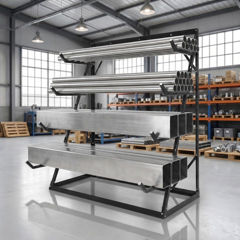 Heavy Duty 4 Tier Lumber Storage Rack With Adjustable Steel Frame And Tough As Nails Build, storing metal pipes in a workshop.