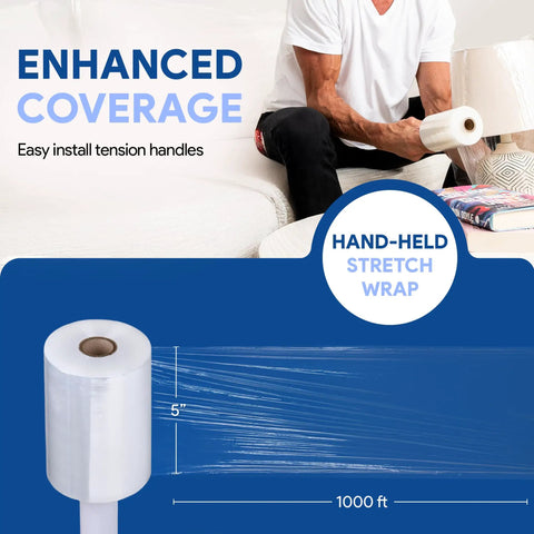 Person using 12 Pack 5 Inch By 1000 Foot Stretch Film Wrap With Handles For Moving And Storage, 3 Inch Core, Easy Grip Packaging Film