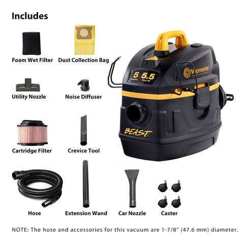 Heavy Duty 5 Gallon Wet And Dry Shop Vac With Beast Series Motor Bringing No Nonsense Suction For Pro Crews And Shop Cleanup Including accessories.