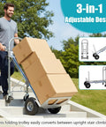 2 In 1 Industrial Convertible Utility Trolley Platform Cart With Reinforced Aluminum Frame 1000 Lb Capacity As Cart And 550 Lb As Stair Climber Perfect For Moving Appliances Furniture And Heavy Luggage. man using aluminum stair climber with boxes on steps