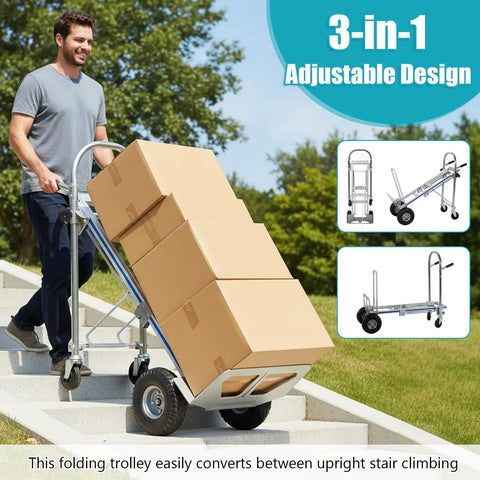 2 In 1 Industrial Convertible Utility Trolley Platform Cart With Reinforced Aluminum Frame 1000 Lb Capacity As Cart And 550 Lb As Stair Climber Perfect For Moving Appliances Furniture And Heavy Luggage. man using aluminum stair climber with boxes on steps