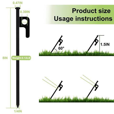 Diagram of 8 Pack Heavy Duty Tent Stakes Forged Steel Camping Stakes For Ground Outdoor Canopies And Tents showing insertion angle.