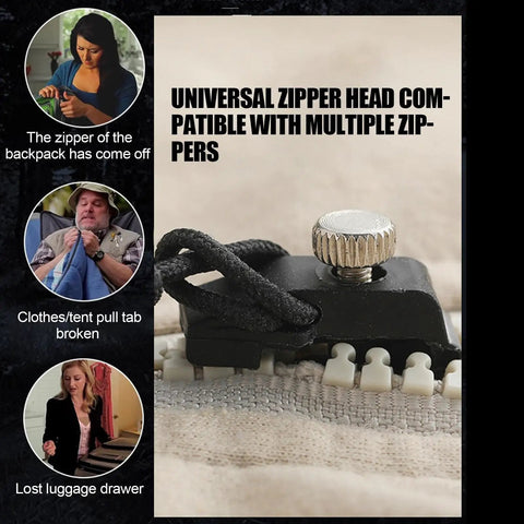Close-up of a zipper repair kit with slider fix tool, showing its use on multiple zippers for jackets, bags, and travel gear.