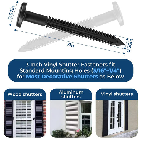 3 Inch Vinyl Shutter Fasteners Heavy Duty Shutter Locks for Wood, Aluminum, and Vinyl shutters with standard mounting holes.