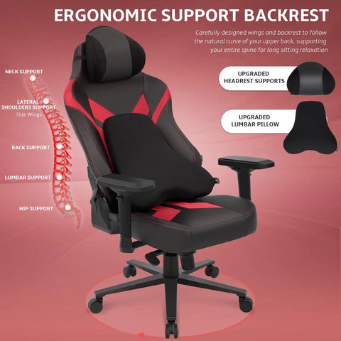 Comfy Ergonomic Gaming Chair With 4D Armrests High Back Office Chair With Headrest And Lumbar Support Black PU Leather Red Suede