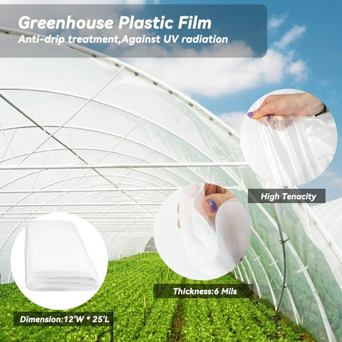 12 Ft By 25 Ft Greenhouse Plastic Film Cover, 6 Mil Clear Polyethylene Sheeting With UV Resistant Coating, Anti Drip And Anti Fog, Heavy Duty Garden And Farm Greenhouse Cover For Agriculture And Plant Growth