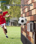 Outdoor GFCI Outlet Kit With Weatherproof In Use Cover And Metal Box in action against soccer ball impact