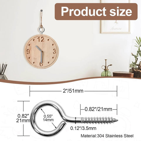 Illustration of Heavy Duty 2 Inch Screw Eyes Set in 304 Stainless Steel, 10 Pack M3 Eye Hooks with dimensions and application.