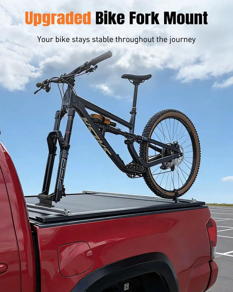 Heavy Duty Bike Fork Mount Block With Upgraded Aluminum Alloy Build 8 Cone Adapters secured on truck roof with bike