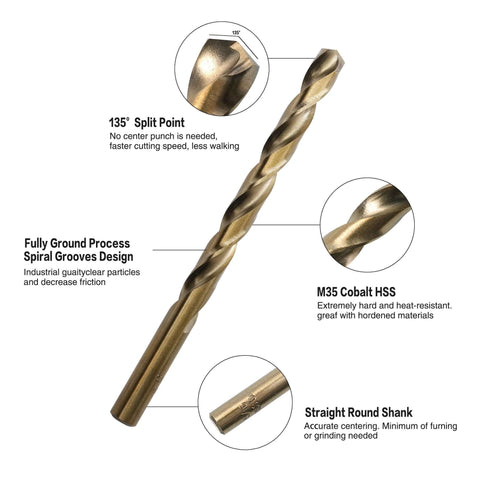 GMTOOLS 1/8 in cobalt drill bit (M35 HSS) with 135° split point, angled view