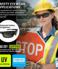 woman wearing 144 Pack Polarized Gray Antifog Safety Glasses Rock Solid Ansi Z87 Plus for sun protection at job site
