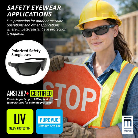woman wearing 144 Pack Polarized Gray Antifog Safety Glasses Rock Solid Ansi Z87 Plus for sun protection at job site