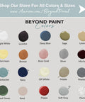 Color palette for Beyond Paint featuring bright white, licorice, deep blue, sage, linen, and more for All-In-One Refinishing Paint.