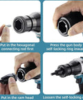 Instructions for No Fuss Heavy Duty Cordless Rivet Nut Gun With Slick Lock Head, showing hexagonal rod and ram head insertion.