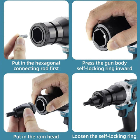 Instructions for No Fuss Heavy Duty Cordless Rivet Nut Gun With Slick Lock Head, showing hexagonal rod and ram head insertion.