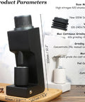 Single Dose Coffee Grinder Featuring Killer Cone Burr Precision And Variable Speed Controls with black and white design.
