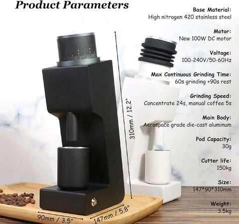 Single Dose Coffee Grinder Featuring Killer Cone Burr Precision And Variable Speed Controls with black and white design.
