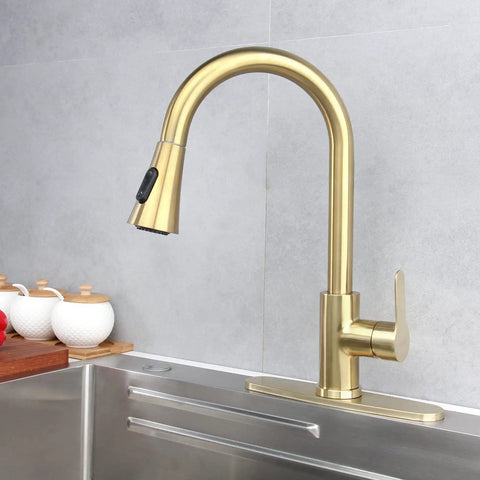 Brushed Gold Pull Down Kitchen Faucet With Sprayer installed in modern kitchen, high arc design, single handle, stainless steel, 1 hole deck mount
