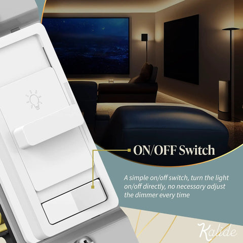 Close-up of Paddle Dimmer Switch For 200W Dimmable LED CFL Lights 3 Way Or Single Pole showing on/off slider and living room.