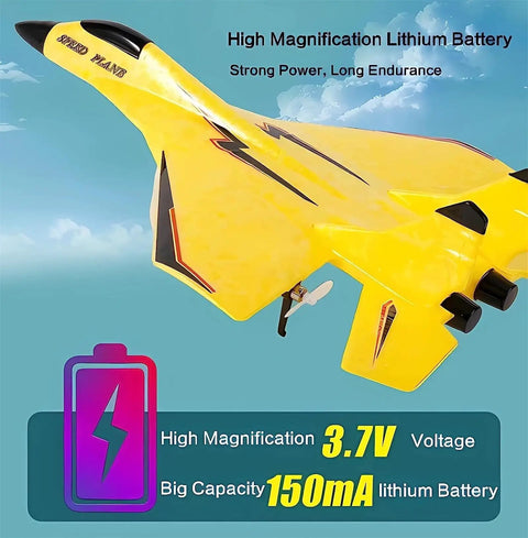 RC Airplane Toy With Lights, Su-35 Style Glider showcasing yellow foam design, 3.7V battery highlighted for outdoor hobby flying.