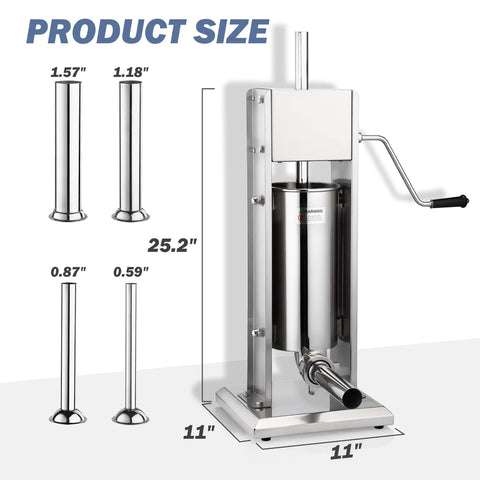 Manual Sausage Stuffer Vertical Sausage Stuffing Maker Food Grade 304 Stainless Steel Meat Filling Machine with tubes and crank handle.