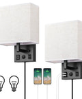 Plug In Wall Sconces With Bulbs Two Pack USB Port And Outlet Black Wall Lamps For Bedroom And Living Room Includes Bulbs Switch