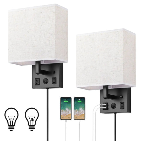 Plug In Wall Sconces With Bulbs Two Pack USB Port And Outlet Black Wall Lamps For Bedroom And Living Room Includes Bulbs Switch