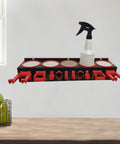 Heavy Duty Galvanized Steel Wall Mount Spray Bottle Rack Organizer Holds A Ton Of Cleaners And Jars, featuring spray bottle and red holders.