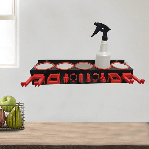 Heavy Duty Galvanized Steel Wall Mount Spray Bottle Rack Organizer Holds A Ton Of Cleaners And Jars, featuring spray bottle and red holders.