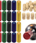 Kickass 130 Piece Wine Bottle Cork And Heat Shrink Cap Kit With Genuine Cork Plugs And Vivid Pvc Foil Covers In Gold Black Red Green Blue For Serious Home Winemaking Projects, includes assorted corks and colored caps.