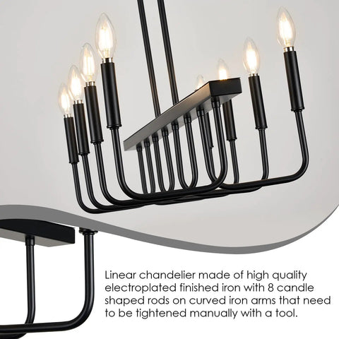 8 Light Black Rectangular Farmhouse Chandelier For Dining Room And Kitchen Island Modern Linear Pendant Light with Candle Shape