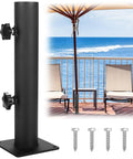 Heavy Duty Patio Umbrella Base With Adjustable Clamp For Decks Patios Balconies And Docks Outdoor Umbrella Stand Fits Post 0.8 To 1.5 Inches Secure Setup Easy To Use Weatherproof And Wind Resistant Built To Hold Up, shown by ocean view with chairs
