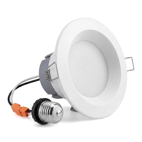 12 Pack 4 Inch Retrofit LED Recessed Lighting with E26 Adaptor showing baffle trim, cable, and can light design.