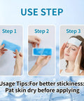 Instructions showing Stay Cool On The Go With Instant Cooling Ice Packs For Outdoor Activities applied to forehead in three steps