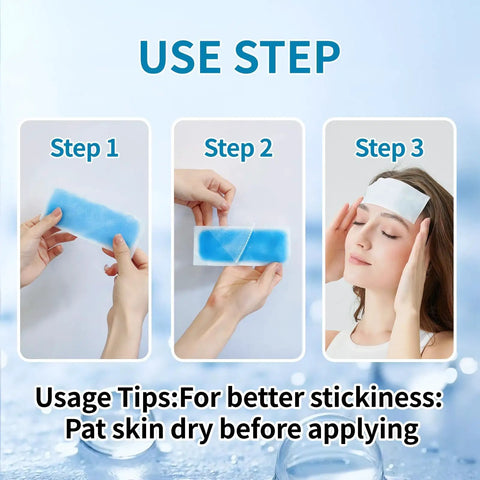 Instructions showing Stay Cool On The Go With Instant Cooling Ice Packs For Outdoor Activities applied to forehead in three steps