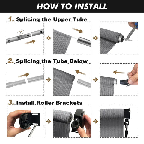 Installation steps for 8 Ft W By 8 Ft H Gray Outdoor Roller Shade Cordless Patio Blind With Spliced Pole Design Roll Up Fabric