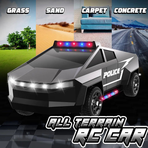 All Terrain RC Police Car Toy One Twenty Two Scale With 2 Point 4 GHz Remote Real Lights Durable ABS Body on various surfaces