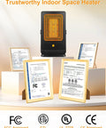 Indoor Space Heater Portable PTC Desktop Heater with certifications displayed, highlighted safety features.