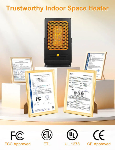 Indoor Space Heater Portable PTC Desktop Heater with certifications displayed, highlighted safety features.