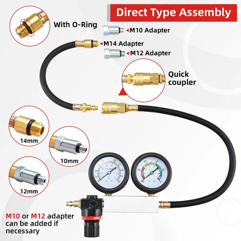8MILELAKE cylinder leak-down tester kit with dual gauges, brass fittings and black hose.