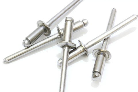 Size Forty Four Button Head Blind Rivets One Eighth Inch Diameter with corrosion-resistant stainless steel finish.