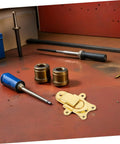 Two Pics Vintage Style Duckbill Toggle Latch Lock With Padlock Hole For Wooden Chest Toolbox And Storage Box Zinc Alloy Metal Hasp Clasp on workbench with tools.