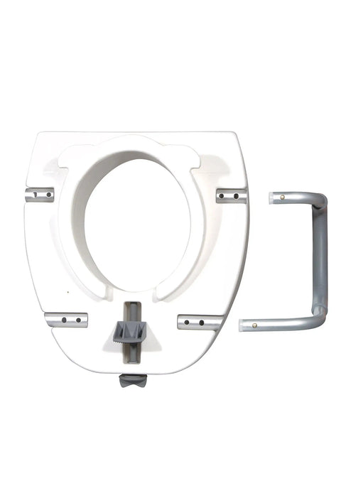 Top view of Raised Toilet Seat With Locking Arms And 5 Inch Lift, Elongated Bowl, Premium Plastic, showing locking mechanism and armrest.
