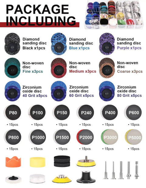 221 Pack 2 Inch Die Grinder Sanding Discs Kit with various disc types and grit levels for metal, wood, welds, rust, and paint.
