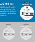 Image illustrating lock slot sizes for laptop security, showing compatible 1/4 x 1/8 inch K slot and incompatible options.